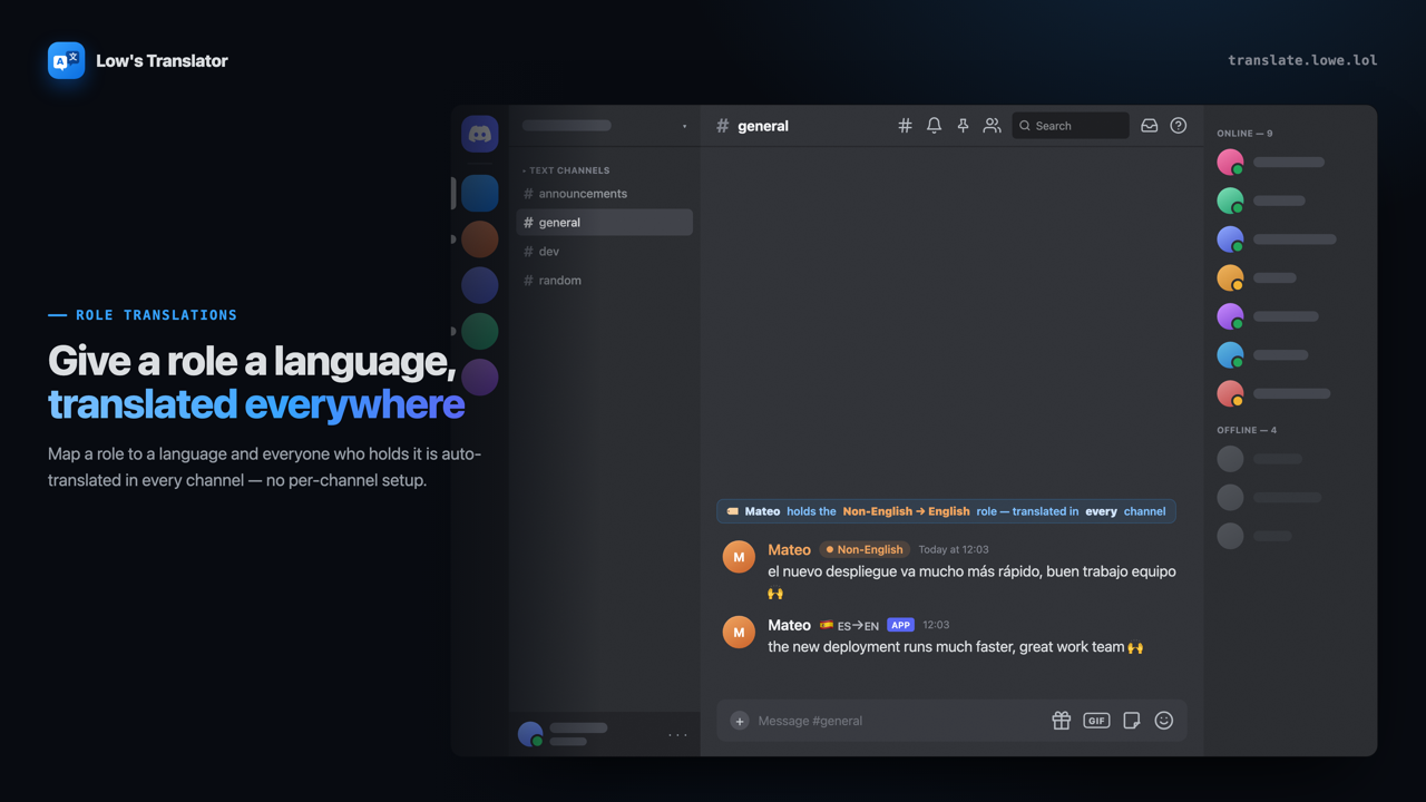 Role translations: give a role a language and members are translated in every channel